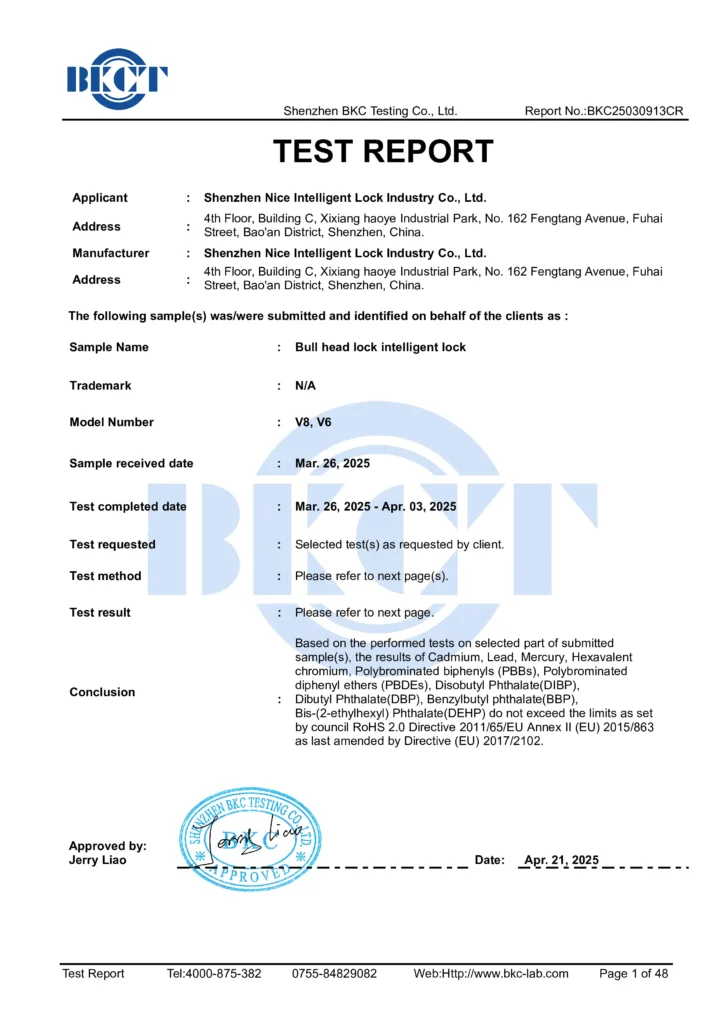 （ROHS报告）BKC25030913CR-深圳市耐斯智能锁业-牛头锁智能锁-ROHS Rep(证书签名)-1