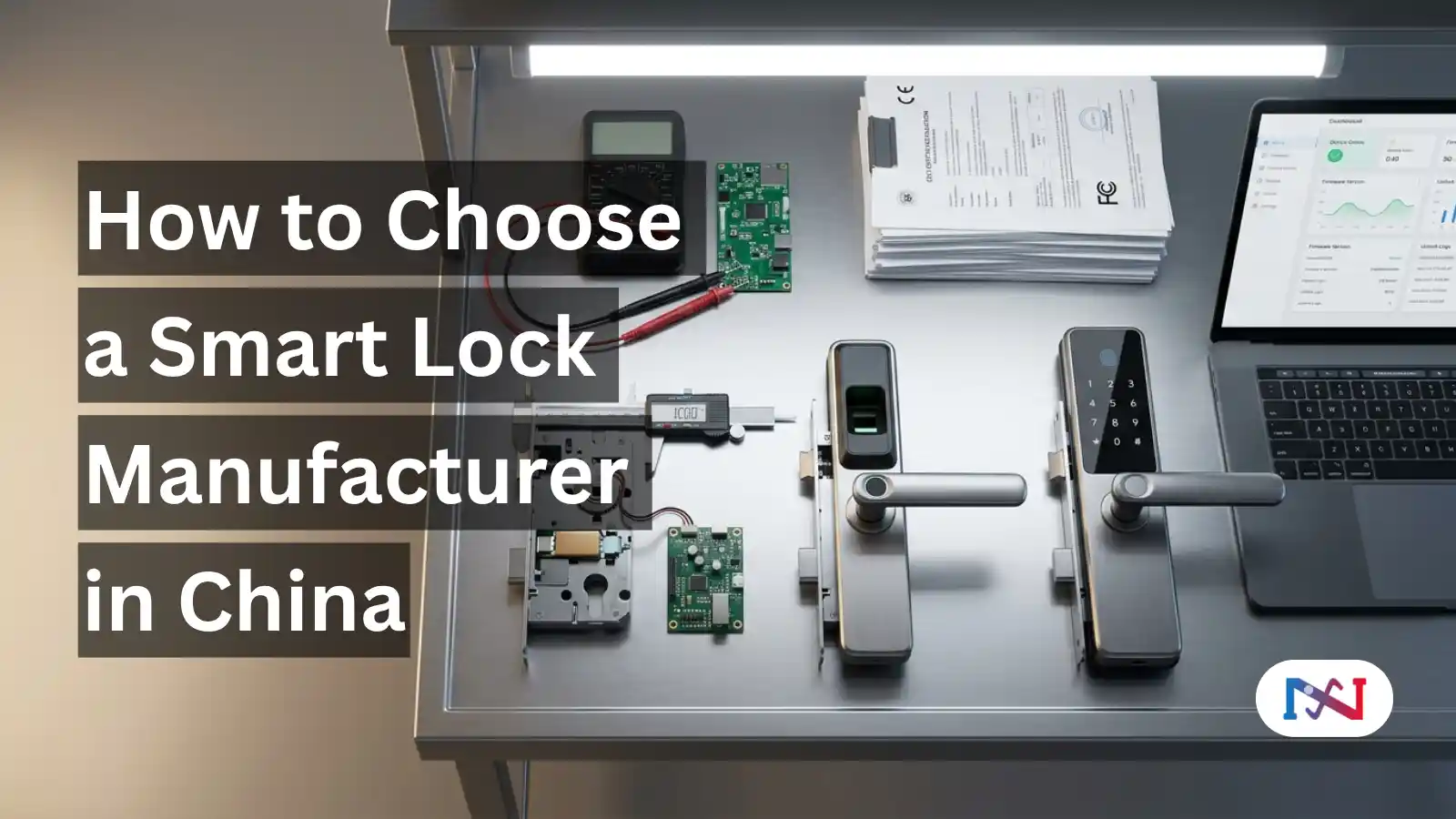 Smart lock manufacturer quality inspection station in China — PCB testing, certification documents, and zinc alloy door lock components on factory workbench