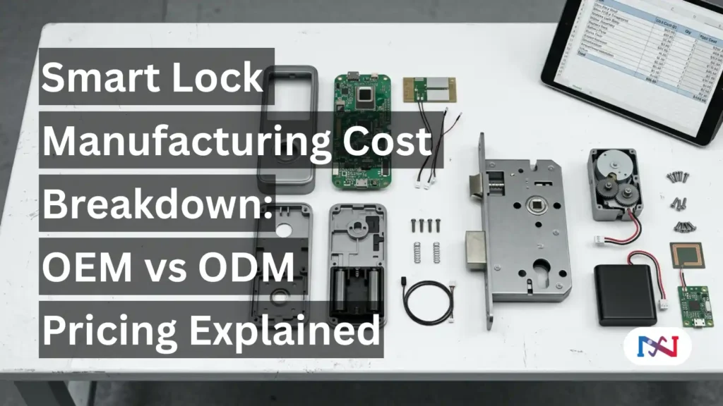 Smart lock manufacturing cost breakdown - disassembled door lock components including PCB, fingerprint sensor, mortise body, and zinc alloy housing on factory workbench