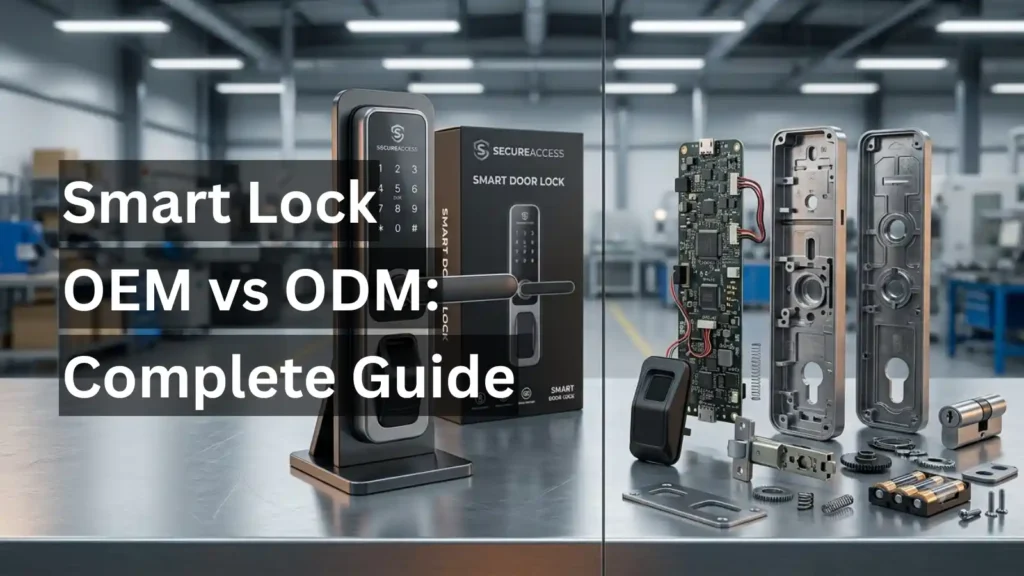 Smart lock OEM vs ODM manufacturing comparison - disassembled PCB components and assembled branded smart door lock on factory inspection table