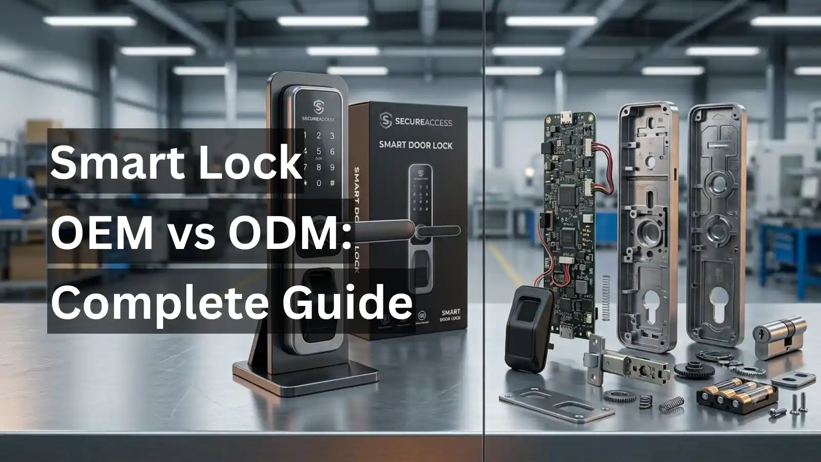 Smart lock OEM vs ODM manufacturing comparison - disassembled PCB components and assembled branded smart door lock on factory inspection table