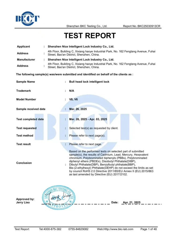 shenzhen nice smart lock company ltd. BKCT certifications