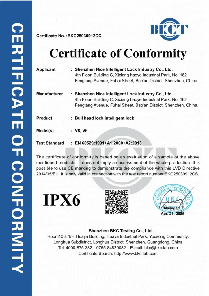 shenzhen nice smart lock company ltd. IPX6 certification