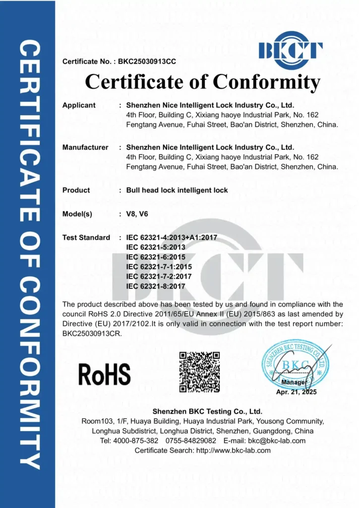 shenzhen nice smart lock company ltd. ROHS certification