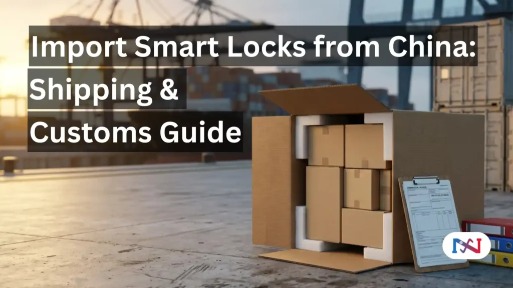 How to import smart locks from China - shipping carton with smart door locks, customs documents, and CE FCC RoHS certification folders at container port loading dock
