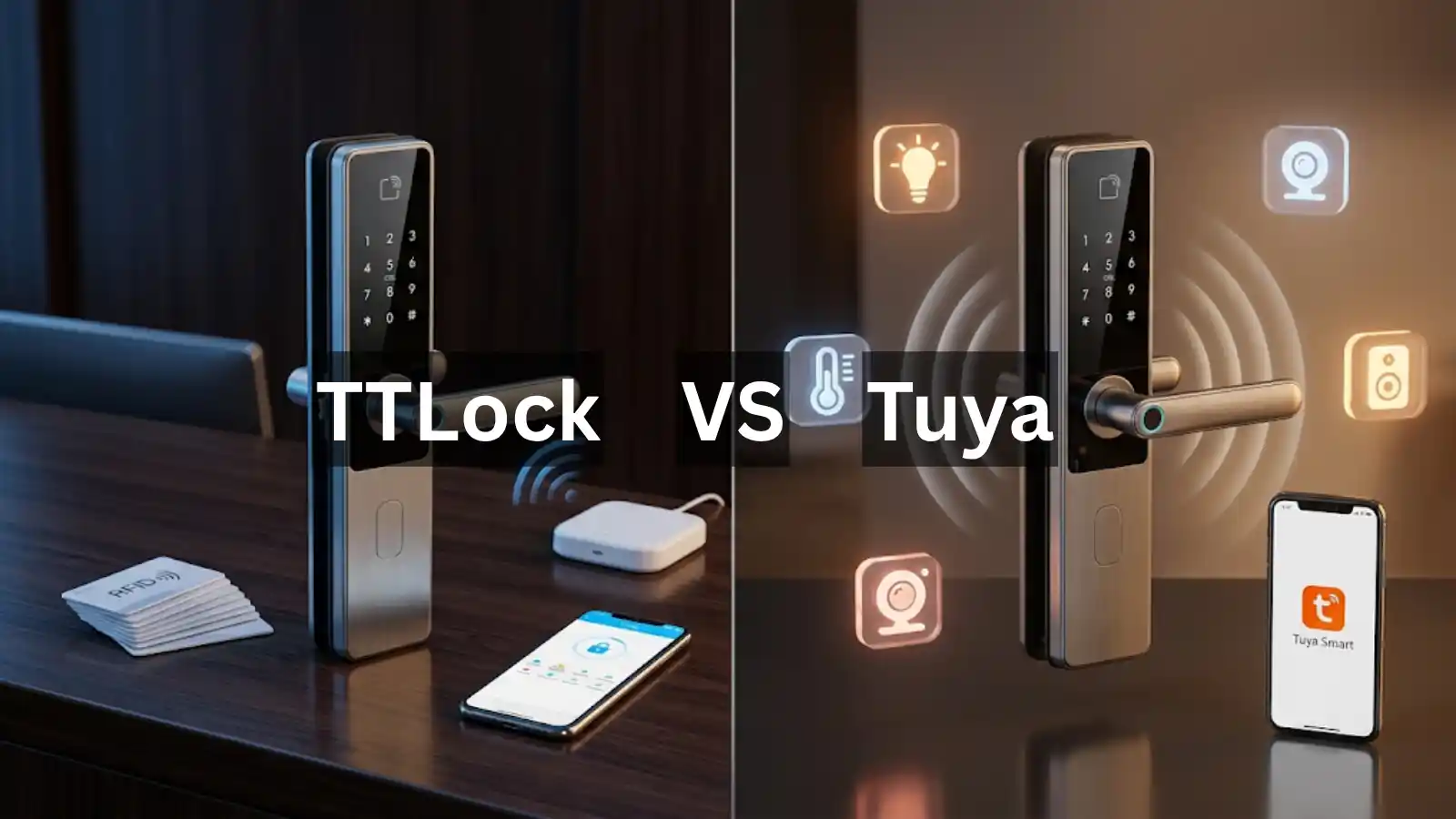 Tuya vs TTLock smart lock platform comparison — TTLock with Bluetooth gateway and RFID cards for hotel deployment alongside Tuya with Wi-Fi connectivity and smart home ecosystem integration