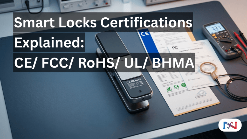 Smart lock certifications explained - CE, FCC, and RoHS compliance documents with EMC testing equipment and certified smart door lock on inspection table