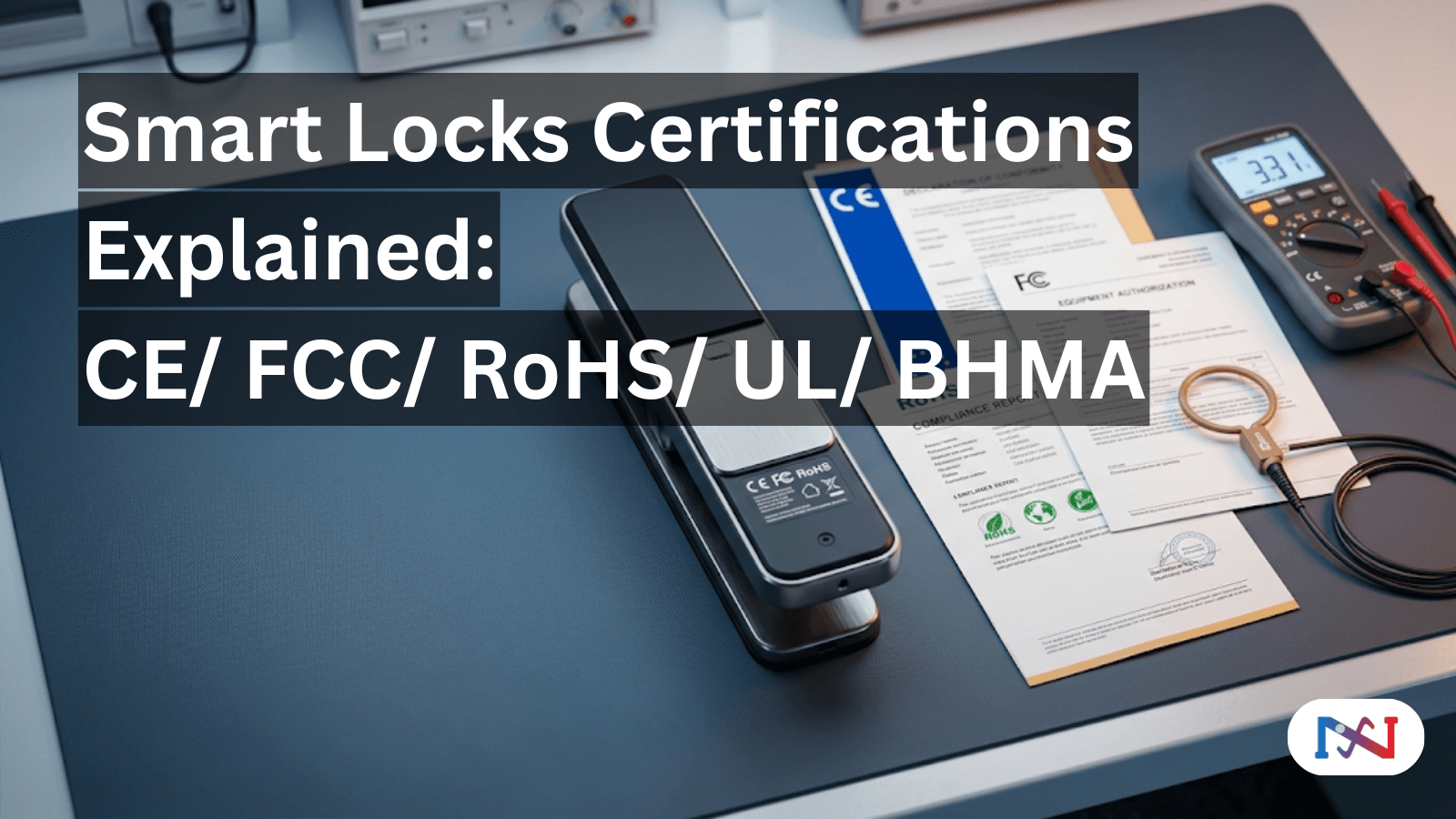 Smart lock certifications explained - CE, FCC, and RoHS compliance documents with EMC testing equipment and certified smart door lock on inspection table