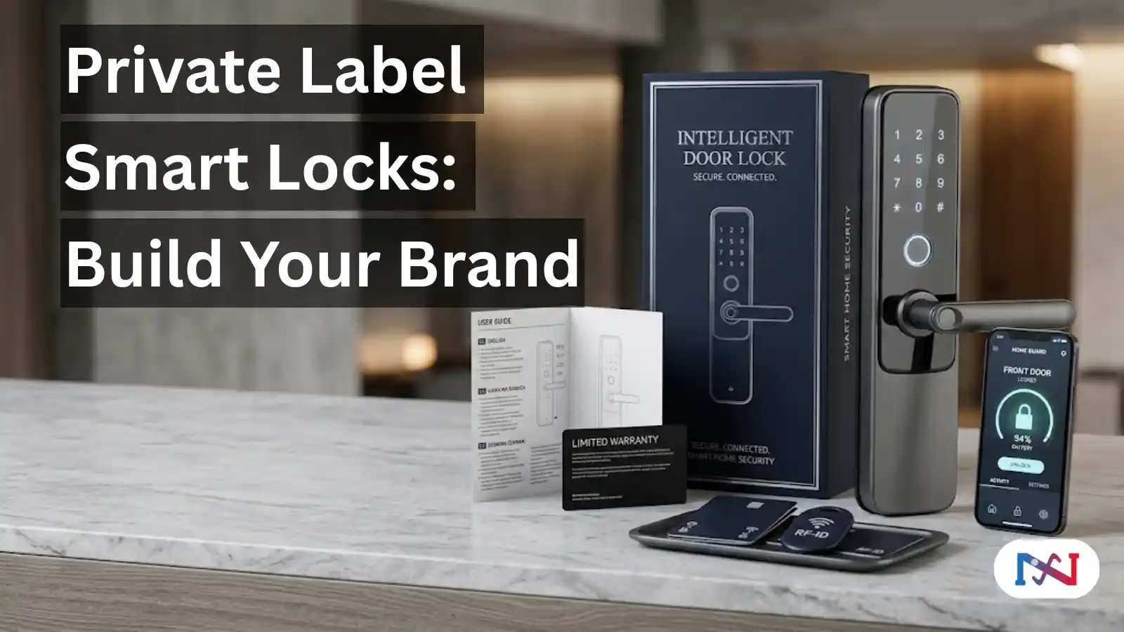 Private label smart lock brand package - custom-branded smart door lock with retail packaging, user manual, RFID cards, and branded mobile app interface