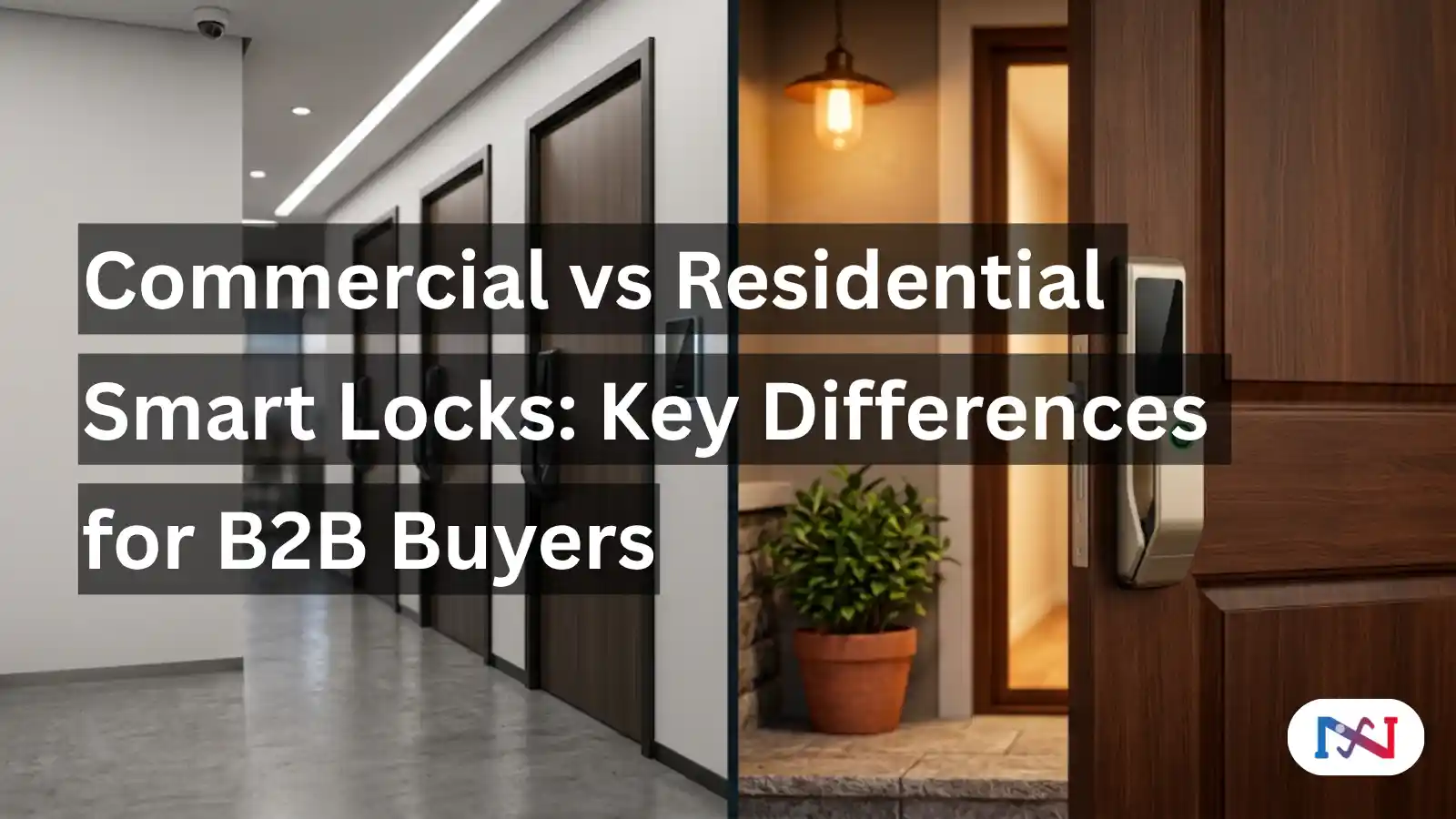 Commercial vs residential smart lock comparison — commercial office corridor with row of matte black RFID smart locks under cool LED lighting alongside warm residential entryway with champagne gold fingerprint smart lock under amber porch lighting