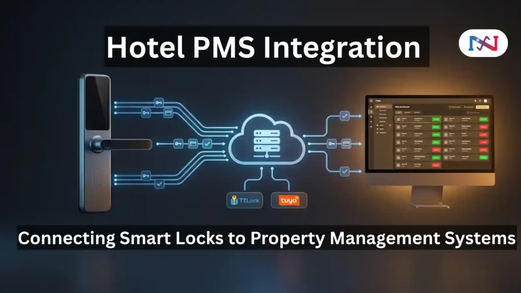 Hotel PMS integration architecture — smart door lock connected via cloud platform to property management system dashboard showing automated room access control data flow