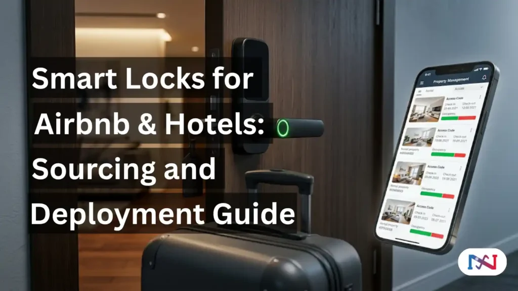 Smart lock for Airbnb self-check-in — matte black fingerprint door lock on modern apartment entry with property management app dashboard on smartphone and guest luggage at threshold | Shenzhen Nice Smart Lock Company Ltd.