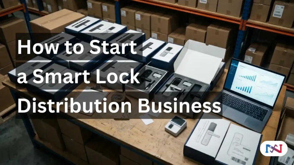 Smart lock distribution business operations - branded smart lock inventory on warehouse packing table with B2B e-commerce dashboard on laptop and shipping preparation materials