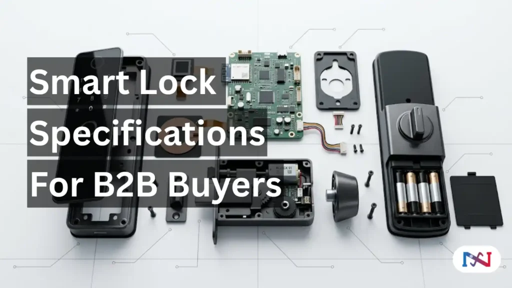 Smart lock internal specifications — disassembled door lock showing PCB circuit board, fingerprint sensor, RFID reader, motorized bolt mechanism, battery compartment, and tempered glass touchpad in technical exploded view